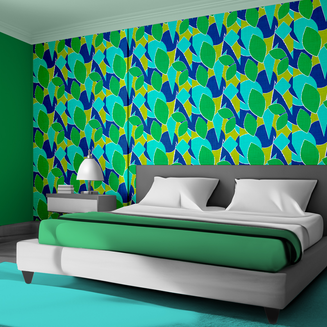 An abstract composition featuring irregular, rounded shapes in vibrant colors. The main colors include bright green, lime green, turquoise, and dark blue, all separated by white, jagged outlines. The shapes overlap and intersect dynamically, forming an energetic and playful pattern. The overall texture has a fabric-like appearance with subtle horizontal and vertical lines running through the colors.